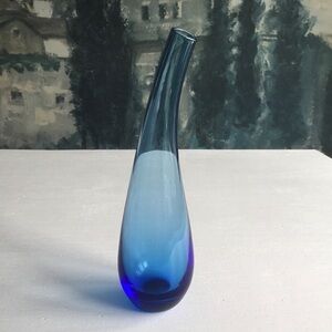 Vintage 9.5” Tall IKEA Cobalt Blue Glass Vase - Curved Neck